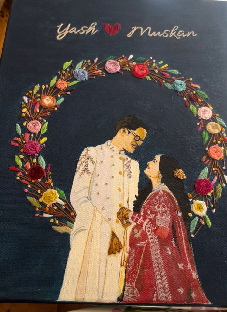 Hand-embroidered couple portrait of Yash and Muskan, perfect gift for newly wed couple