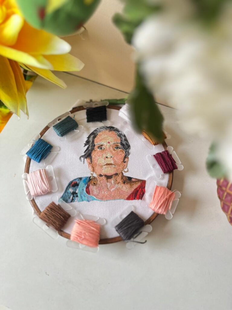 unique gift of a hand embroidered customised portrait of a lady